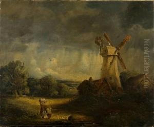 Figures Before A Tower Mill In A Landscapeunder Brooding Skies Oil Painting by James Smyth