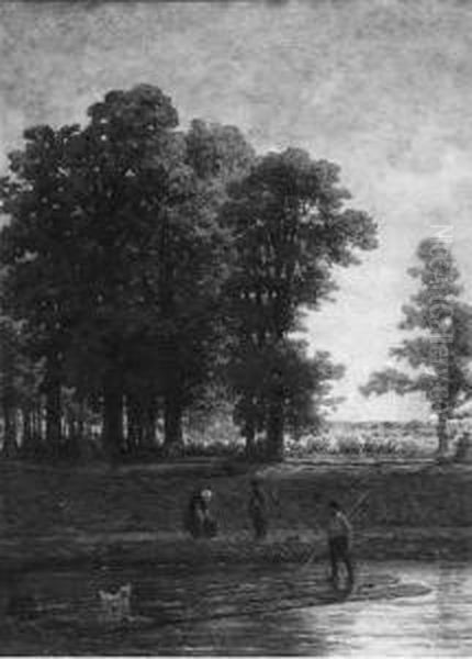 A Wooded Landscape With A Boy And His Dog On A Raft Oil Painting by Theodoor Soeterik