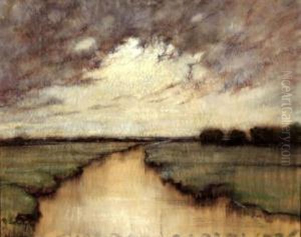 Moorlandschaft An Der Hamme Unter Gewitterwolken Oil Painting by Rudolf Sokol