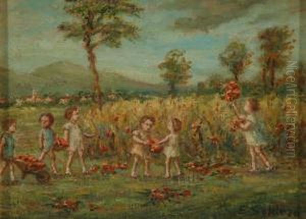 Bambine In Un Prato Fiorito Oil Painting by Erminio Soldera