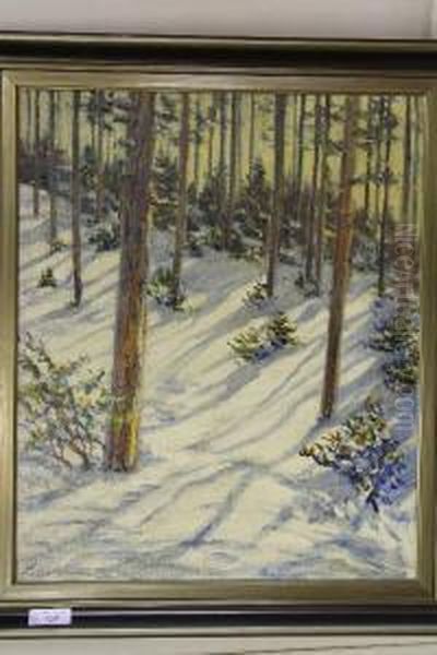 Winters Naaldbos Oil Painting by Leonid Romanovitch Sologub