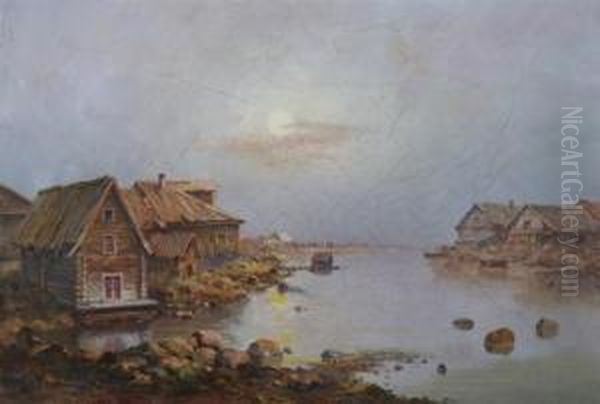 Old Russian Village By River Oil Painting by Leonid Romanovitch Sologub