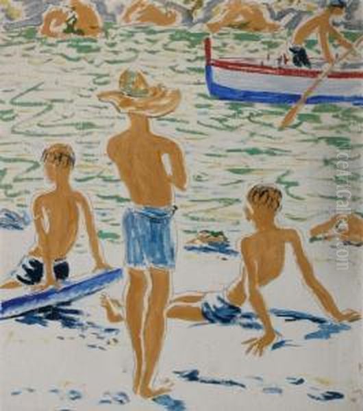 Zwemmers Aan De Waterkant Oil Painting by Leonid Romanovitch Sologub