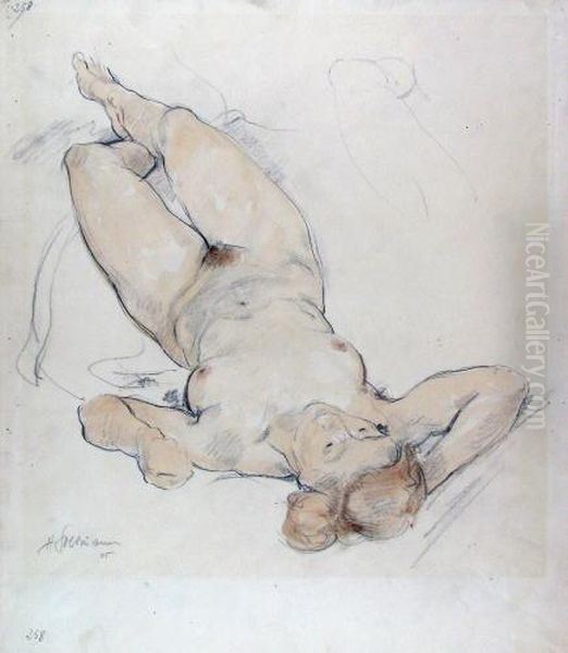 Badendes Madchen / Blatt Mit Zwei Studien Eines Zeichnenden Madchens / Weiblicher Akt / Zwei Selbstbildnisse Oil Painting by Hans Soltmann