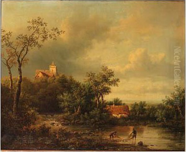 A Wooded Landscape With Fishermen Inspecting Their Nets On The Bankof A Creek, A Castle Beyond Oil Painting by Acobus Loernsz. Sorensen