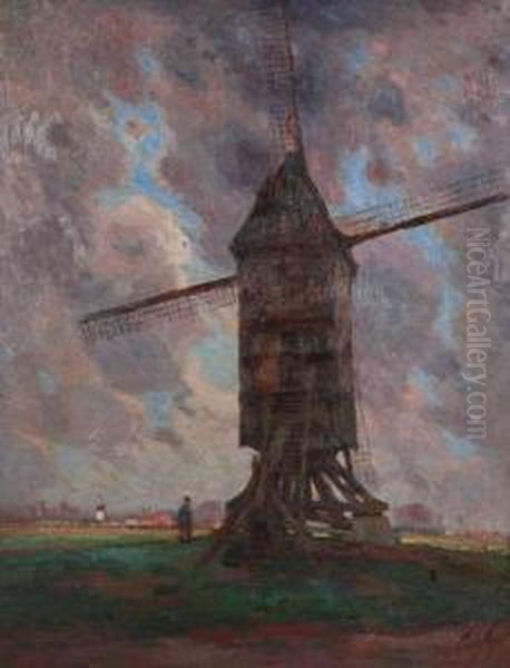 Landschap Met Boer Bij Windmolen Oil Painting by Leo Spanoghe