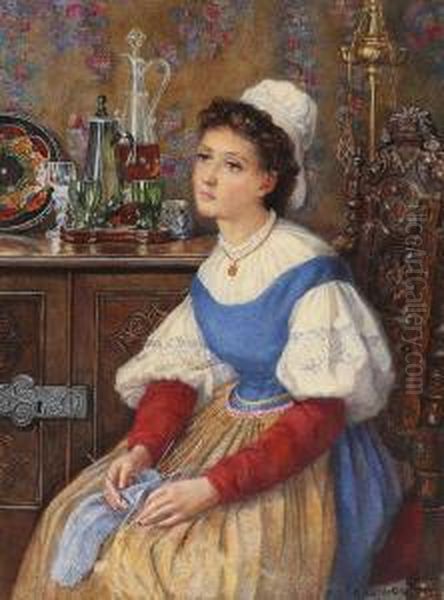 Songeuse Au Tricot Oil Painting by Catherine Adelaide Sparkes