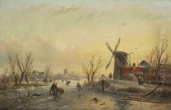 Skaters On The Ice At Sunset, With A Dutch Town In The Distance by Jan Jacob Coenraad Spohler