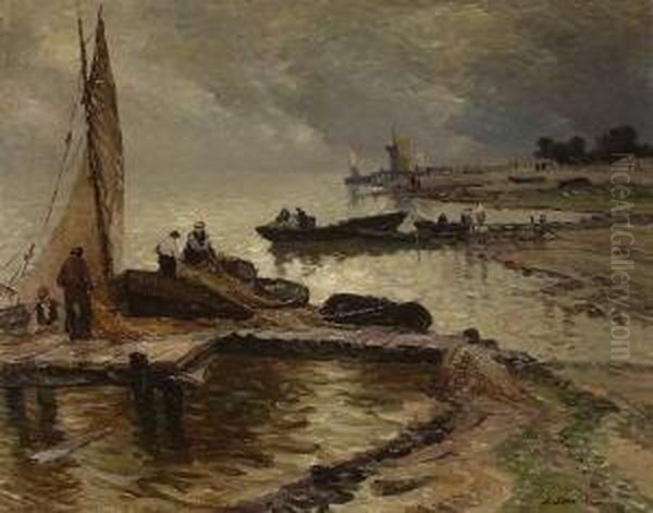 Fischerboote Am Strand. Oil Painting by Louis-Charles Spriet