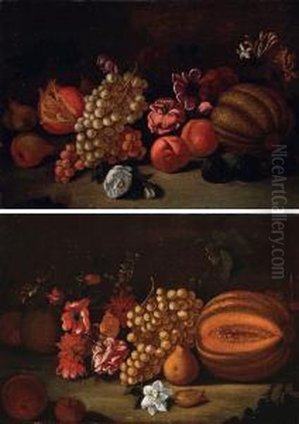 Natura Morta Confiori, 
Uva E Melone E Natura Morta Con 
Melograno Oil Painting by Nicolo Stanchi