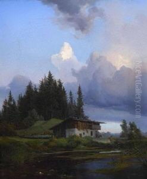 Bauernhaus Am Weiher. Oil Painting by Bernhard Stange