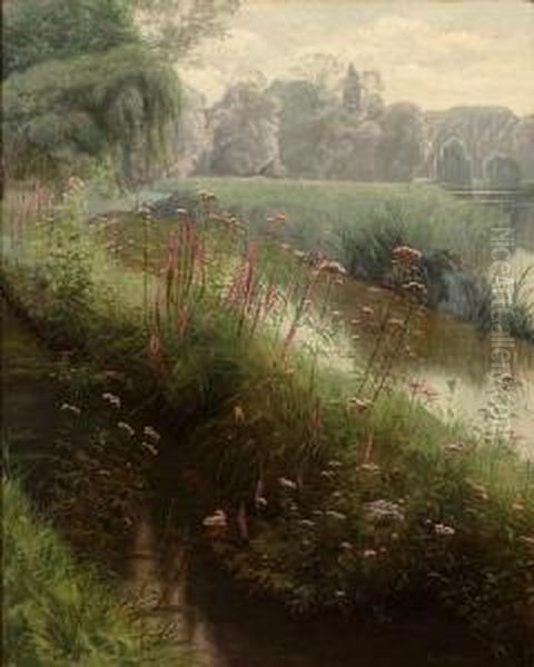 Flowers Along A River Bank Oil Painting by Rene Stevens