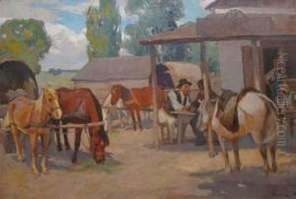Popas La Han Oil Painting by Dumitrescu Stoica