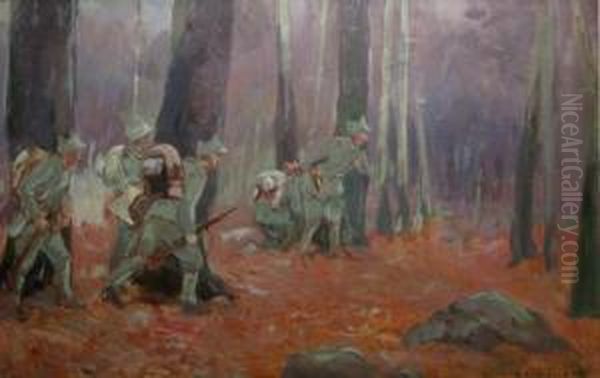 Scenadin Razboi Oil Painting by Dumitrescu Stoica