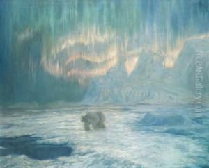 Curtain Aurora Borealis With A Polar Bear, Bowdoin Bay,greenland