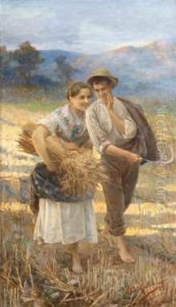 Boy And Girl In Field Oil Painting by Augusto Guglielmo Stoppoloni