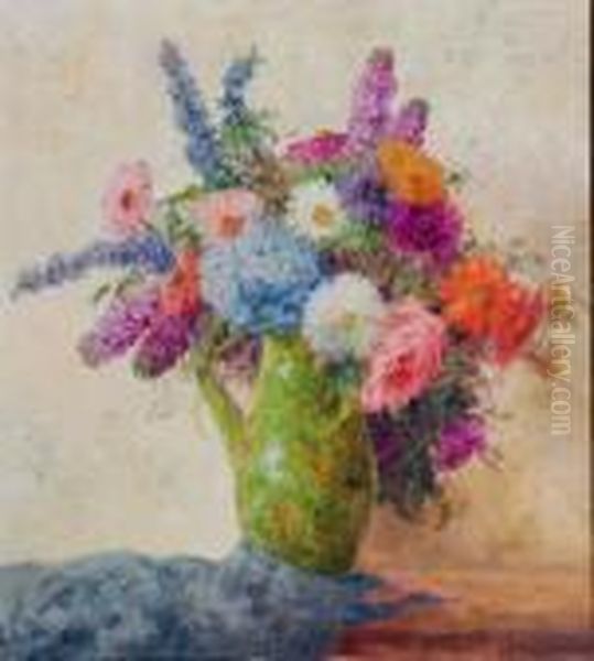 Bunter Blumenstraus In Grunem Krug Oil Painting by Max Theodor Streckenbach