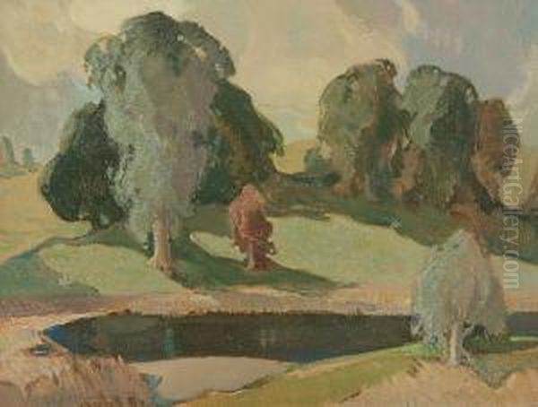 Trees And River Oil Painting by Alick Riddell Sturrock