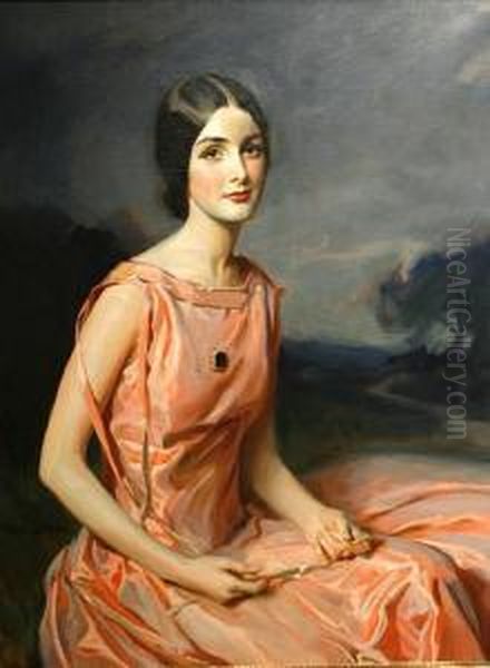 A Portrait Of A Young Lady In Pink Oil Painting by Tade Styka