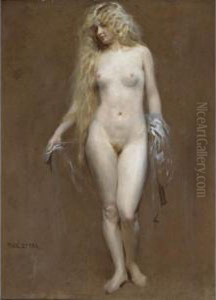 A Blonde Beauty In Transparent Veil Oil Painting by Tadeusz Styka