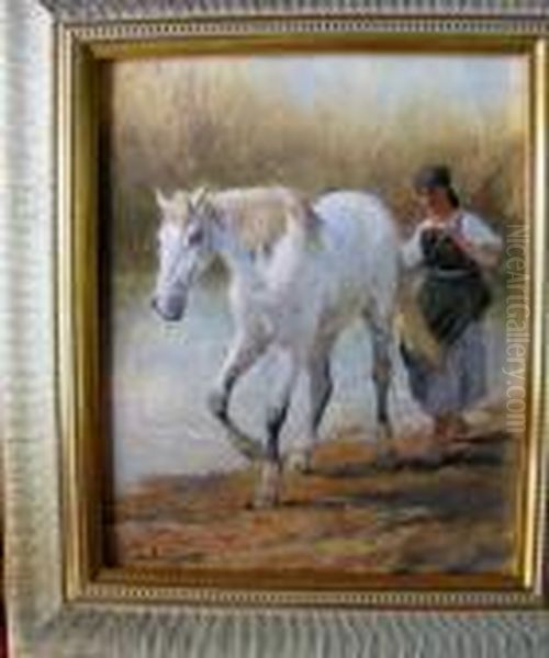 Bauerin Mit Schimmel In Landschaft Oil Painting by Carl Suhrlandt