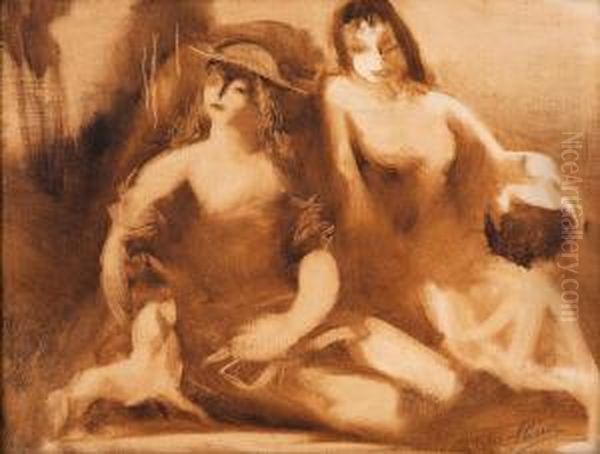 Dve Divky Se Psikem Oil Painting by Frantisek Susser