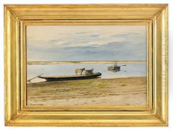 River Landscape Oil Painting by Sergei Ivanovitch Svetoslavsky