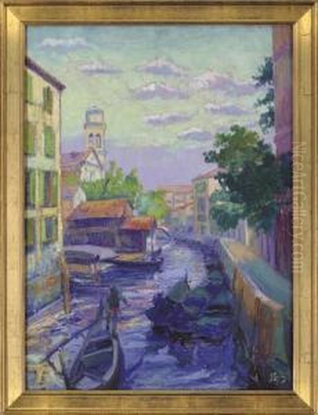A Peaceful Venetian Backwater Oil Painting by Josef Syrovy