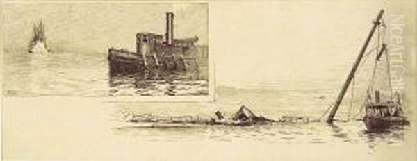 Wreck Of The U.s. Coast Survey Schooner Silliman. Signed Lower Left Taber. Original Illustration For Oil Painting by Isaac Walton Taber