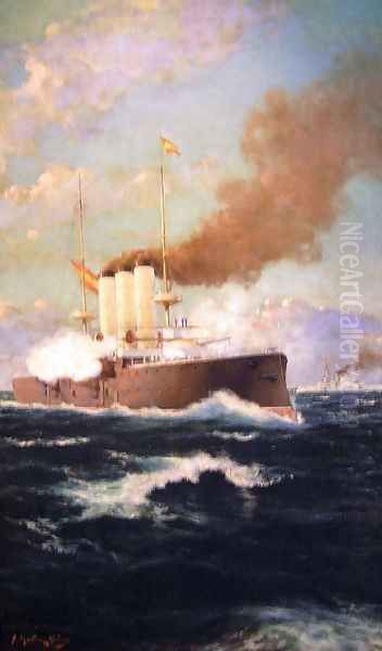 Barco a Vapor Oil Painting by Juan Abades