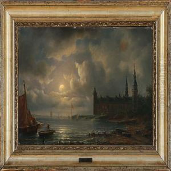 Coastal Scene In Moonlight At Elsinore Castle Oil Painting by Heinrich Friedrich Tank