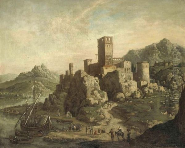 An Italianate Coastal Inlet With A Fortified Hilltop Town Oil Painting by Agostino Tassi