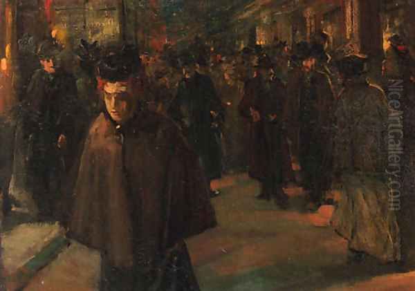 A busy street scene at night Oil Painting by Floris Arntzenius