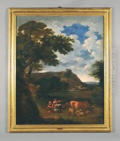Paesaggio Con Pastori Al Riposo Oil Painting by Carlo Antonio Tavella
