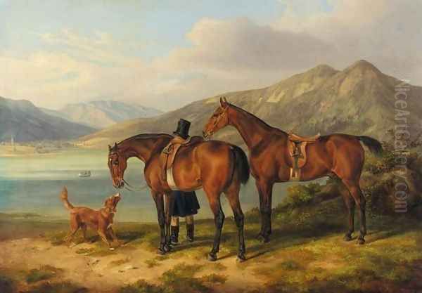 Rider and Two Bays by a Lake (Reiter und zwei Pferde am See 1834) Oil Painting by Adam Albrecht
