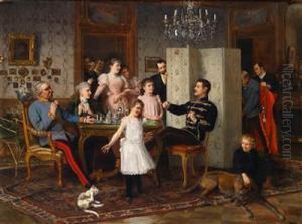 Groses Familienfest, Am Tisch Sitzend Ein Feldmarschallleutnant Sowie Ein Junger Oberleutnant Eines Husarenregiments, Im Hintergrund Ein Generalmajor Der K. K. Armee Oil Painting by Hans Temple