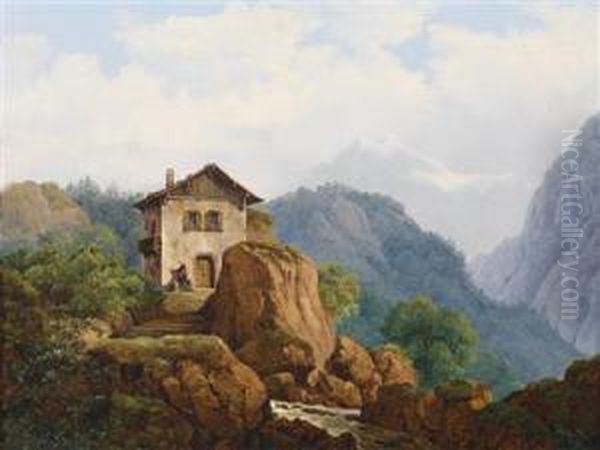 Mountain Landscape With House By A Torrent Oil Painting by Franz Thiel
