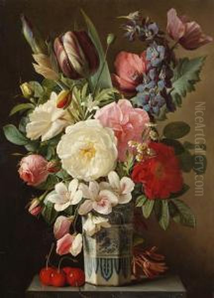 Blumenstillleben Mit Rosen Und Tulpen In Einer Delfter Vase Oil Painting by Augustin Alexandre Thierriat