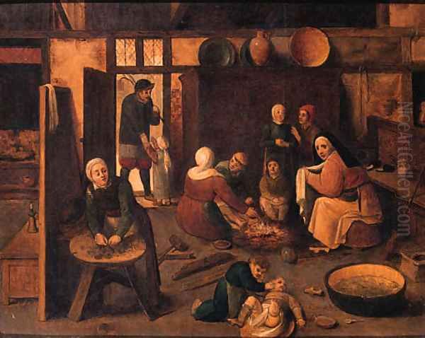 A peasant family in a barn Oil Painting by Jan van Amstel