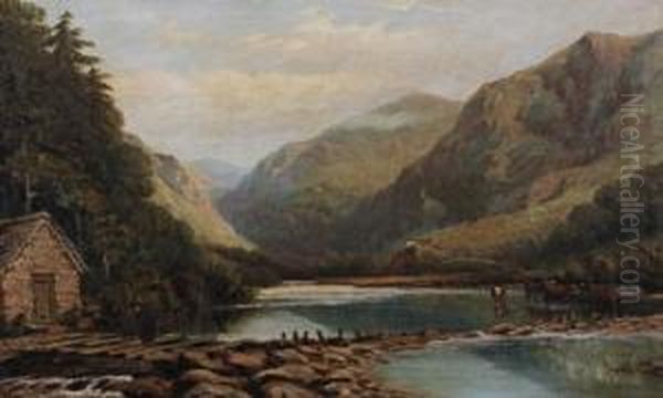 Welsh River Landscape With Cattle Watering And A Woman On A Footbridge Oil Painting by Thomas Thomas