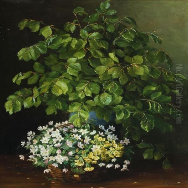 A Beech Branch And A Basket Of Anemone And Primulas Oil Painting by Emmy Marie Caroline Thornam