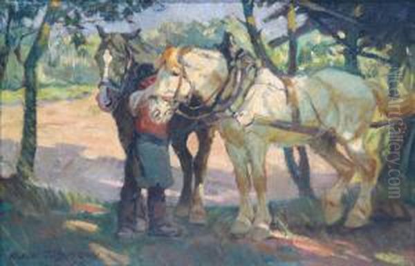 Zwei Pferde Und Bauer Oil Painting by Albin Tippmann