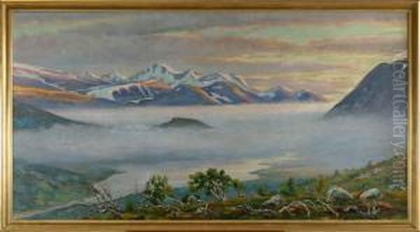 Fjallandskap Med Sjo I Dimma Oil Painting by Karl Tiren