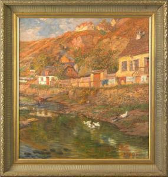 Landscape With Horses And Ducks Along A River Oil Painting by Anna Tischler-Weber