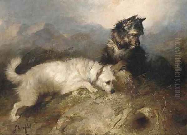 Terriers ratting in a barn; and Terriers at a rabbit hole Oil Painting by George Armfield