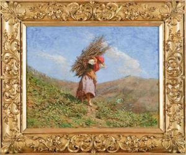 Paesaggio Con Figura Di Contadina Oil Painting by Achille Tominetti