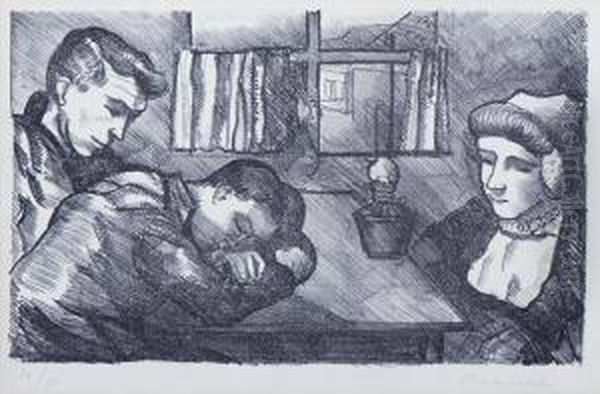 Three People Of The Island Of Walcheren In An Interior Oil Painting by Charley Toorop