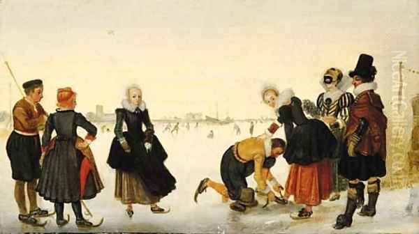 Elegant ladies and gentlemen taking to the ice on a frozen river with skaters and a town beyond Oil Painting by Hendrick Avercamp