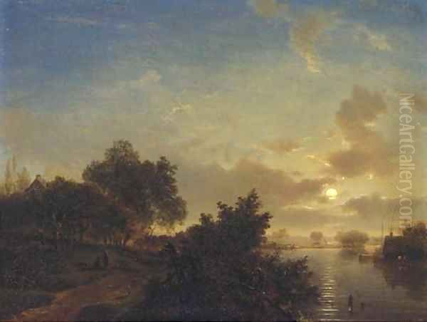 A moonlit river landscape 2 Oil Painting by Jacobus Theodorus Abels