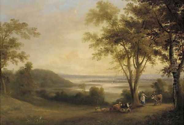 A milkmaid with a drover before a river estuary, a town beyond Oil Painting by George Arnald